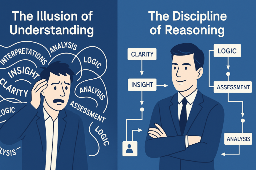A split-screen illustration comparing “The Illusion of Understanding” with “The Discipline of Reasoning.” On the left, a confused man is overwhelmed by tangled words like interpretations, analysis, clarity, insight, and logic. On the right, a confident man stands with crossed arms, surrounded by clear flowchart-style arrows linking concepts such as clarity, insight, logic, assessment, and analysis.