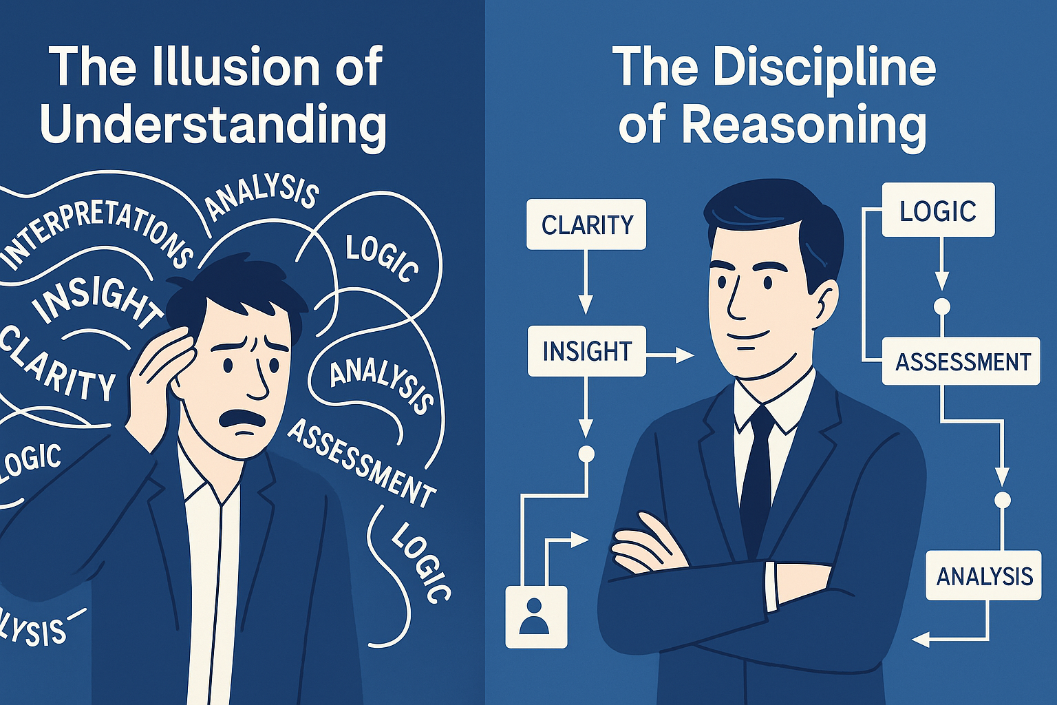 A split-screen illustration comparing “The Illusion of Understanding” with “The Discipline of Reasoning.” On the left, a confused man is overwhelmed by tangled words like interpretations, analysis, clarity, insight, and logic. On the right, a confident man stands with crossed arms, surrounded by clear flowchart-style arrows linking concepts such as clarity, insight, logic, assessment, and analysis.