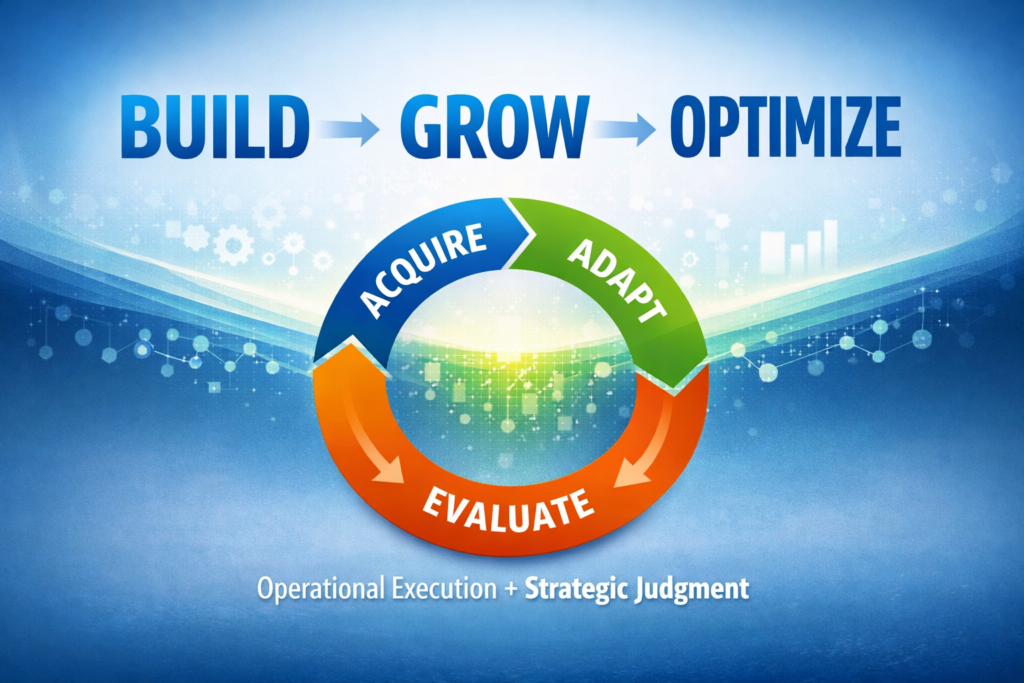 A business graphic featuring the words "BUILD → GROW → OPTIMIZE" at the top. Below, a circular three-part arrow diagram contains the words "ACQUIRE," "ADAPT," and "EVALUATE." The bottom text reads "Operational Execution + Strategic Judgment" against a blue digital background with gear icons and data nodes.